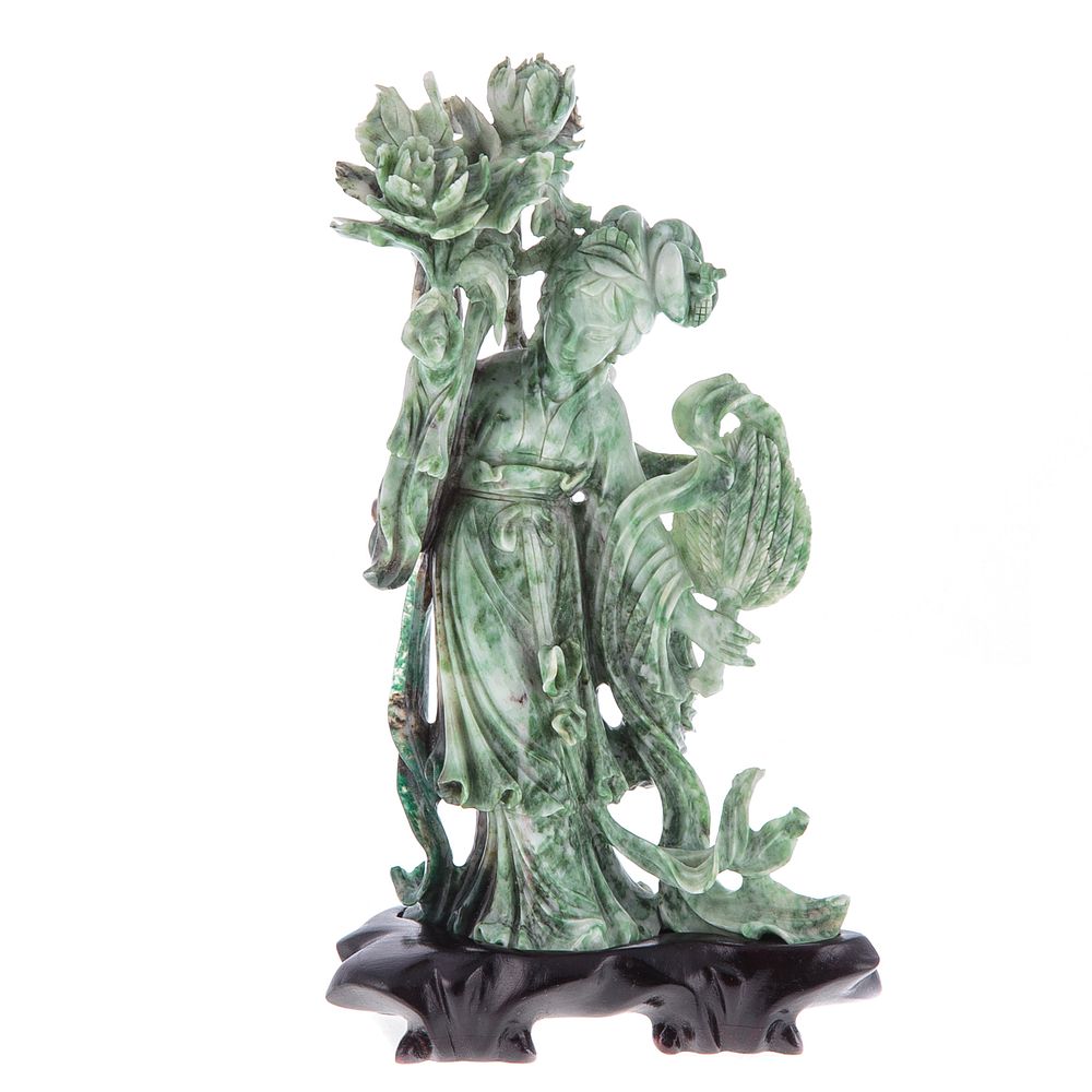 Appraisal: Chinese Carved Variegated Green Stone Quan yin Carved figure of