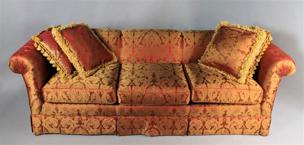 Appraisal: BURGUNDY AND GOLD DAMASK SOFA WITH ROLLED ARMS AND BOX