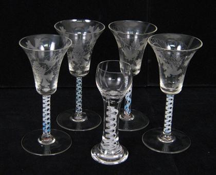 Appraisal: Four air twist wine glasses With etched floral and vine