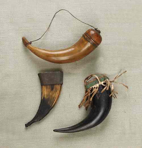 Appraisal: Three powder horns th c to include a Native American