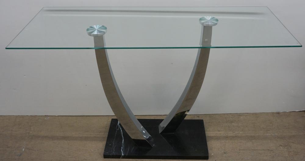 Appraisal: Modern Chrome Plated Black Marble and Glass Top Console Table