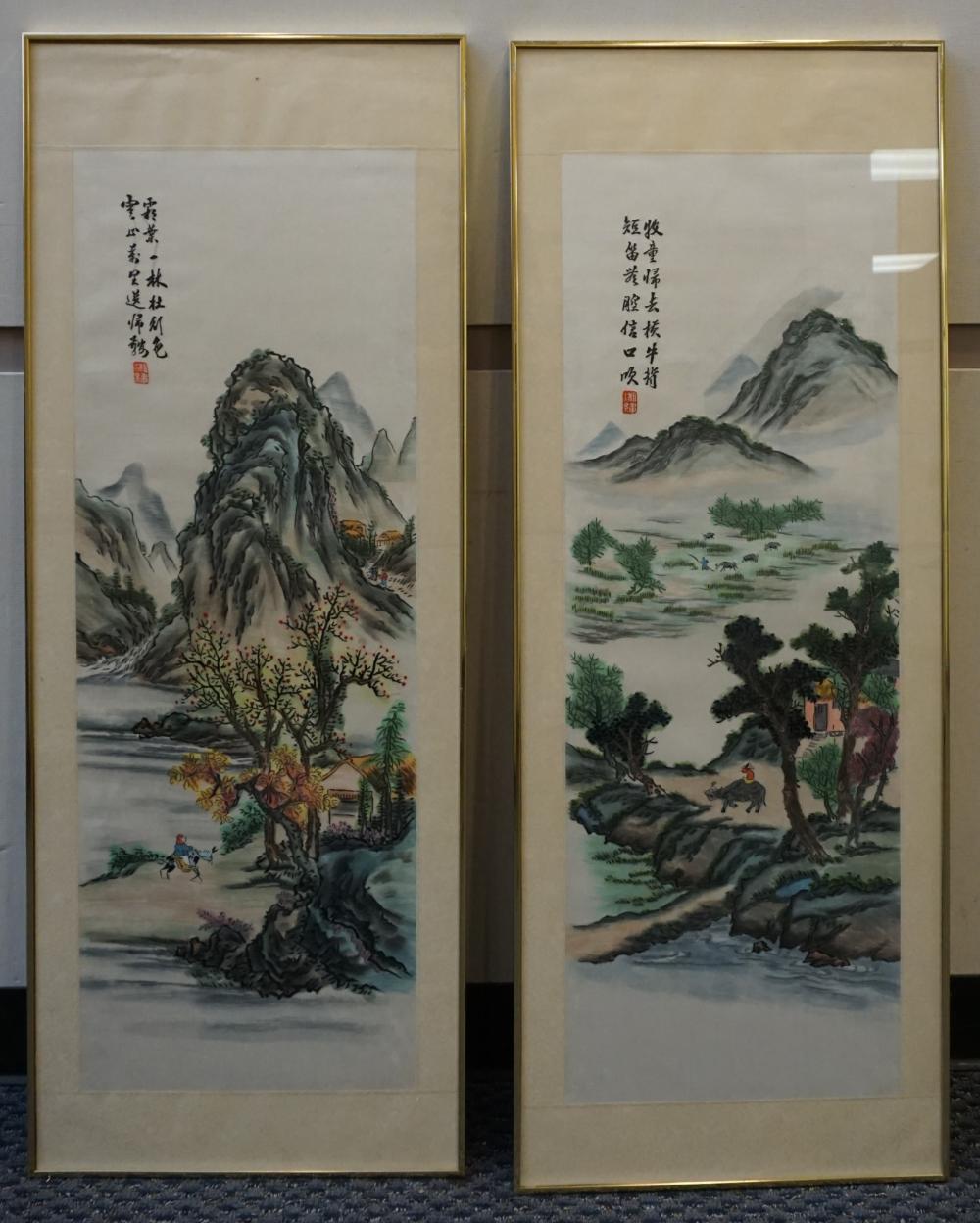 Appraisal: Two Chinese Watercolor and Embroidered Panels of Mountain Villages Frame