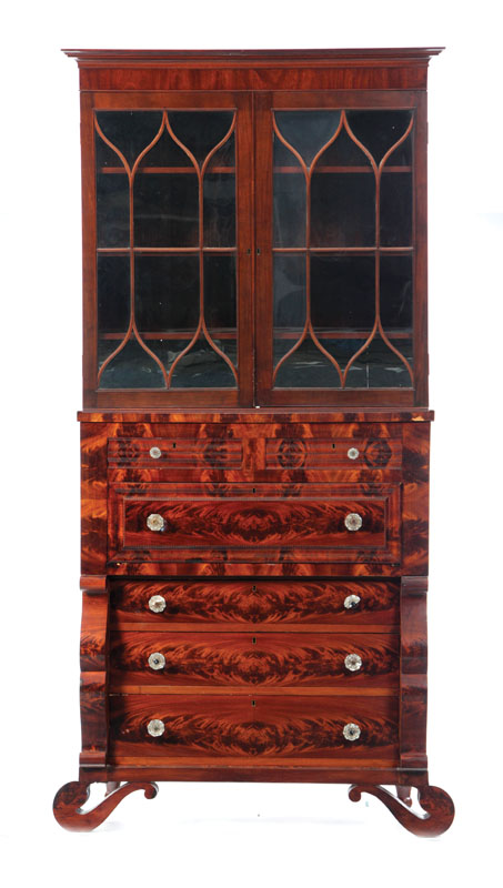 Appraisal: TWO PIECE SECRETARY BOOKCASE Flame grain mahogany veneer with a