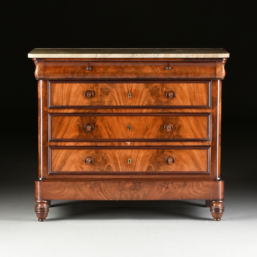 Appraisal: A LOUIS PHILIPPE MARBLE TOPPED FLAME MAHOGANY CHEST OF DRAWERS