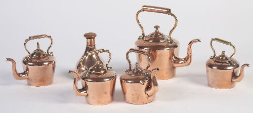 Appraisal: A group of five th century miniature copper kettles and