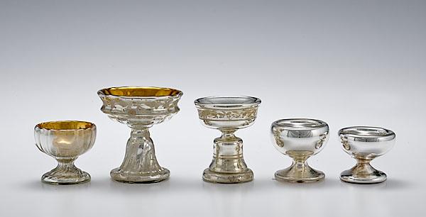 Appraisal: FIVE MERCURY GLASS MASTER SALTS American and Continental th century