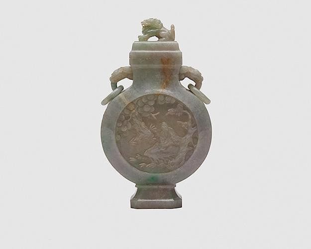 Appraisal: Chinese Carved Purple Gray Jade Covered Bottle with Apple Green