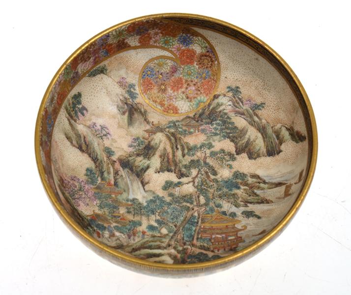 Appraisal: JAPANESE SATSUMA BOWL WITH DECORATIVE INTERNAL MOUNTAIN SCENE AND EXTERNAL