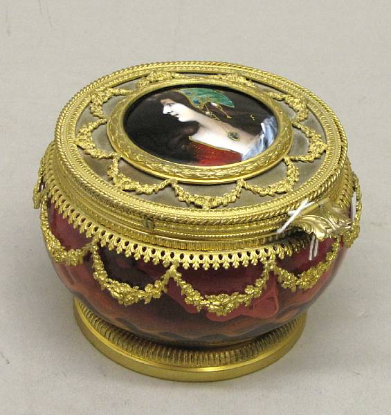 Appraisal: A French enamel and gilt bronze mounted amberina glass dresser