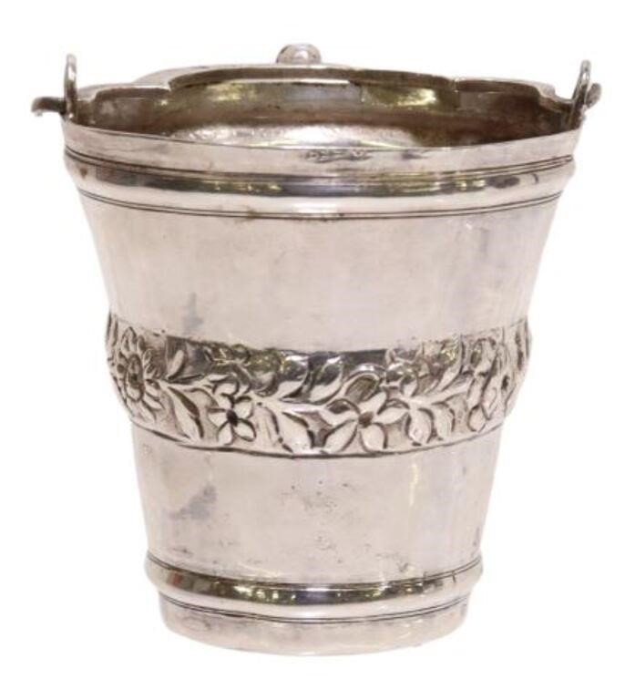 Appraisal: Italian silver bucket-shaped beaker Palermo bail handle tapered body with