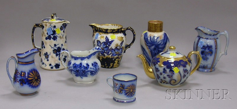 Appraisal: Eight Assorted Gilt and Lustre Highlighted Flow Blue Ceramic Items