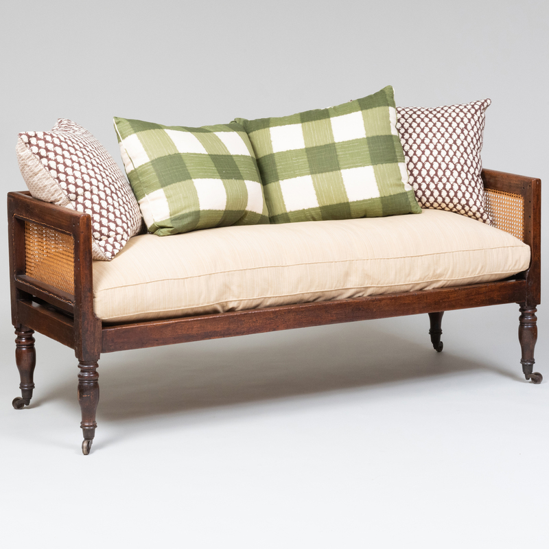 Appraisal: Anglo-Indian Padouk Caned and Upholstered Settee Together with four pillows