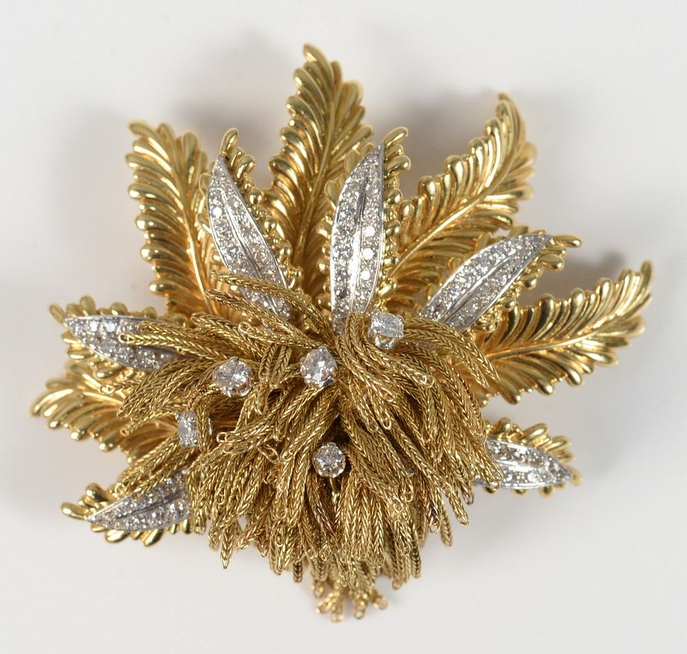 Appraisal: Karat Gold Leaf-Style Brooch six fern leaves set with diamonds