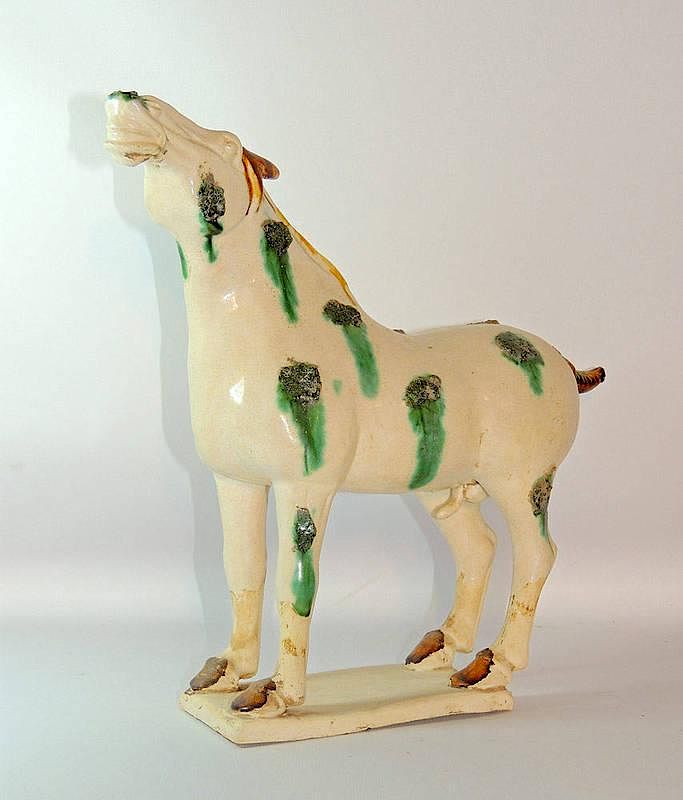 Appraisal: Tang-style Pottery Horse Tang-style pottery horse with sancai glaze The