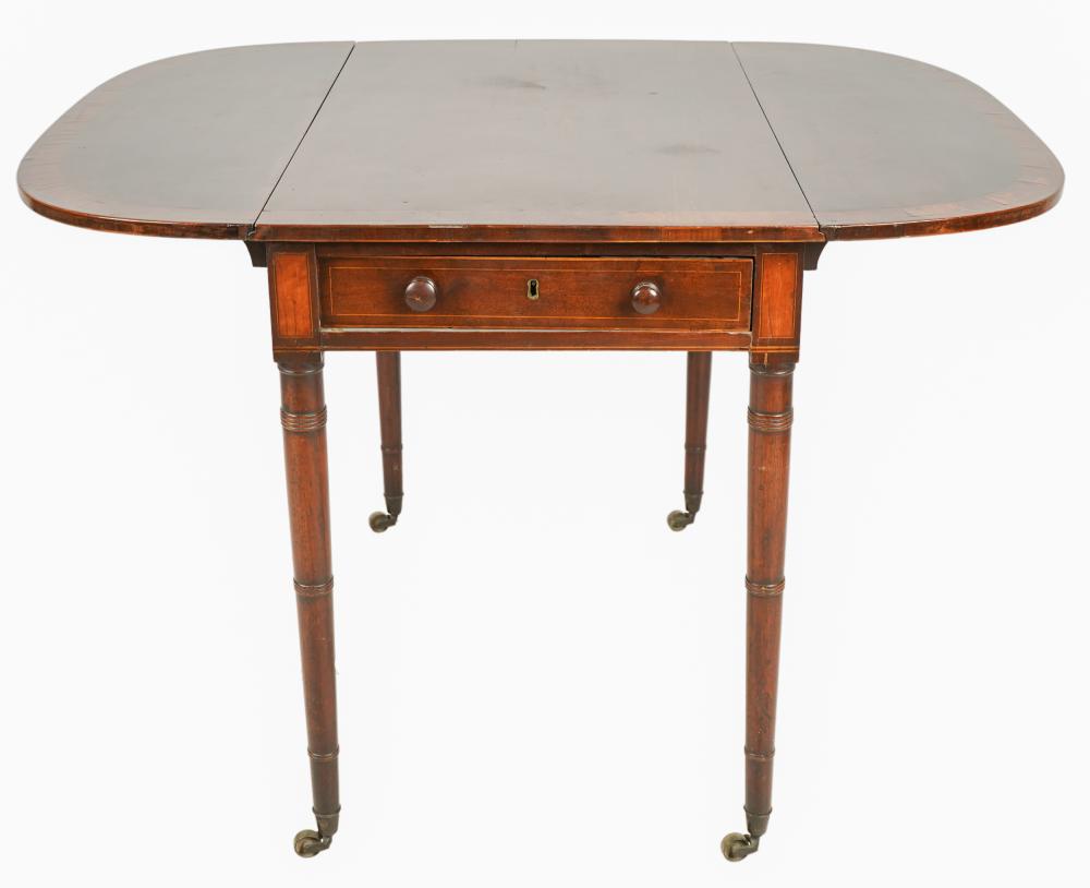 Appraisal: MAHOGANY PEMBROKE TABLEthe hinged top with banded border the turned