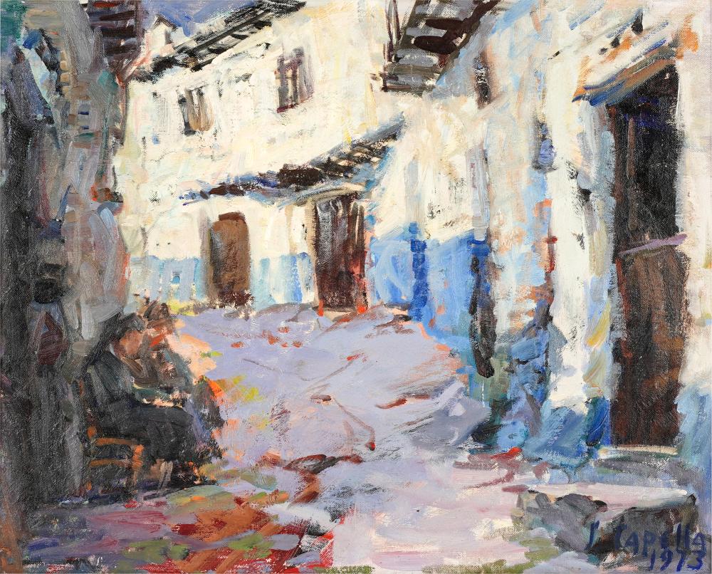 Appraisal: TH CENTURY VILLAGE STREET SCENE oil on artist board signed