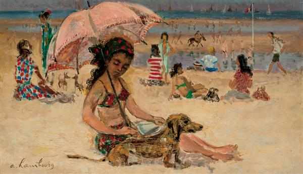 Appraisal: ANDRE HAMBOURG French - Girl with Pink Umbrella oil on