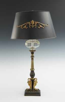 Appraisal: A Large Empire Style Swan Lamp with Tole Shade th