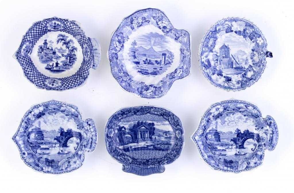 Appraisal: SIX BLUE PRINTED EARTHENWARE PICKLE DISHES of leaf or shell