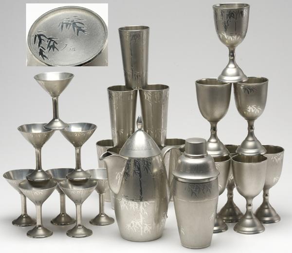 Appraisal: BARWARE Spun aluminum barware set with matte ground and bright