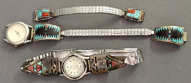 Appraisal: - Two ladies wristwatches with Southwest style stone inlaid bands