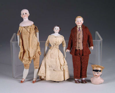 Appraisal: FOUR DOLL HOUSE DOLLS - lady with glass eyes marked