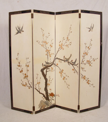 Appraisal: ORIENTAL PANEL SCREEN White ground with inlaid and applied soapstone