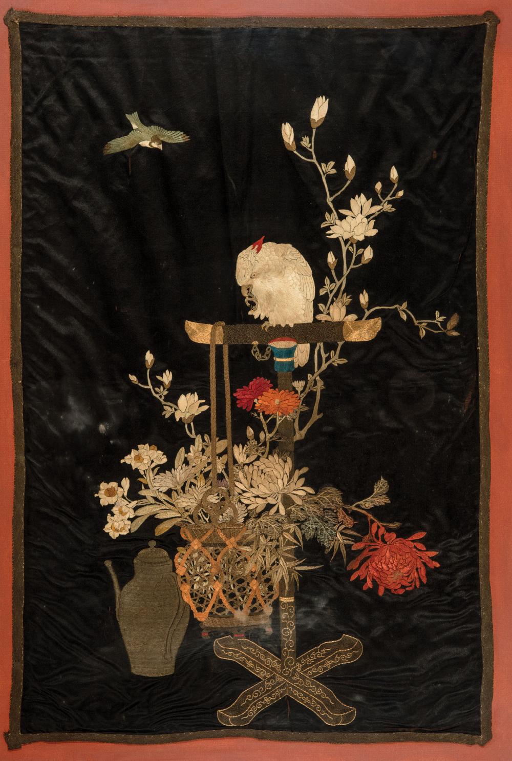 Appraisal: Asian Embroidered Black Silk Panel worked in satin stitch and