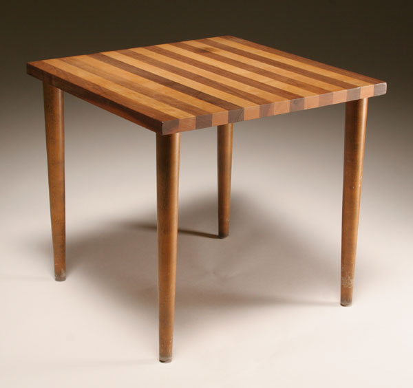 Appraisal: Small square pedestal table contrasting wooden bands tapered legs H