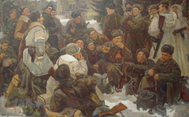 Appraisal: UNKNOWN Russian Immense O C WWII Scene with GI and