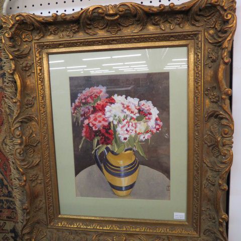 Appraisal: Watercolor still life with flowers in a pitcher signed T