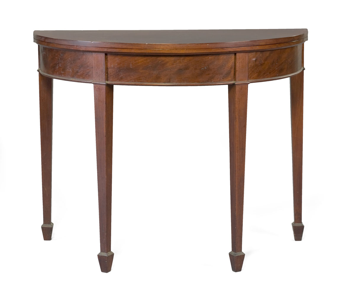 Appraisal: HEPPLEWHITE MAHOGANY DEMILUNE CARD TABLE POSSIBLY MID-ATLANTIC The half-round top