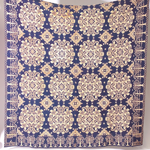 Appraisal: Blue and white woven coverlet dated signed Huldah Peet stains