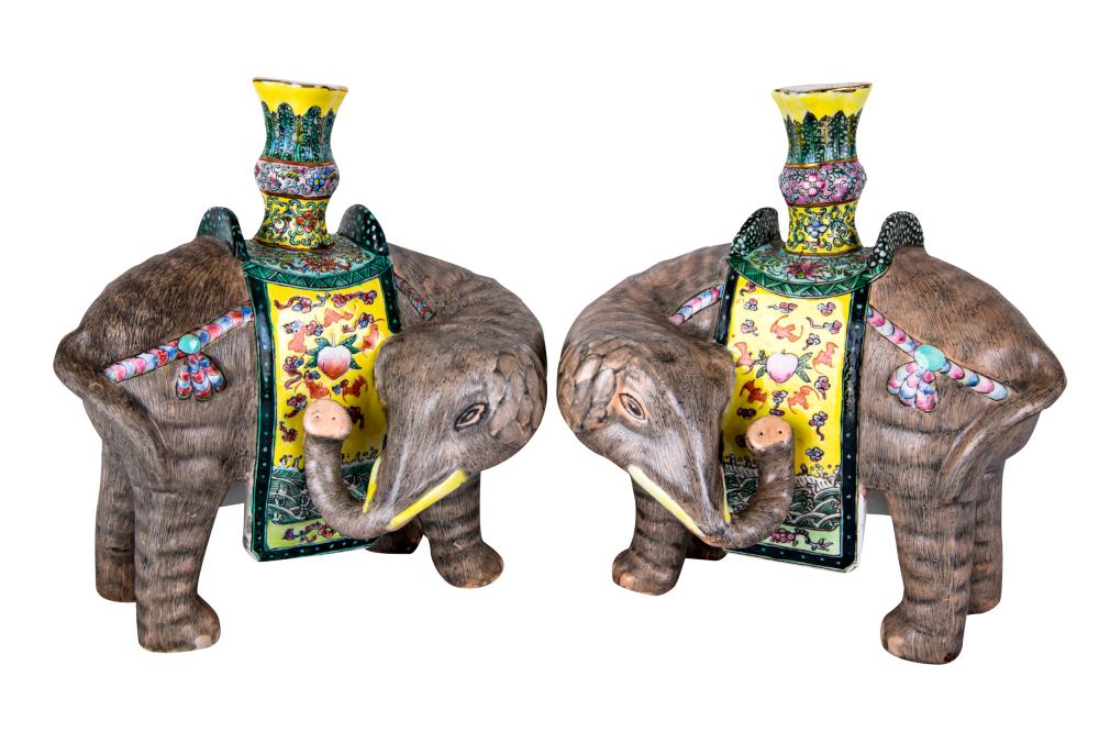 Appraisal: PAIR OF CHINESE PORCELAIN ELEPHANT-FORM CENSERSeach modelled standing with head