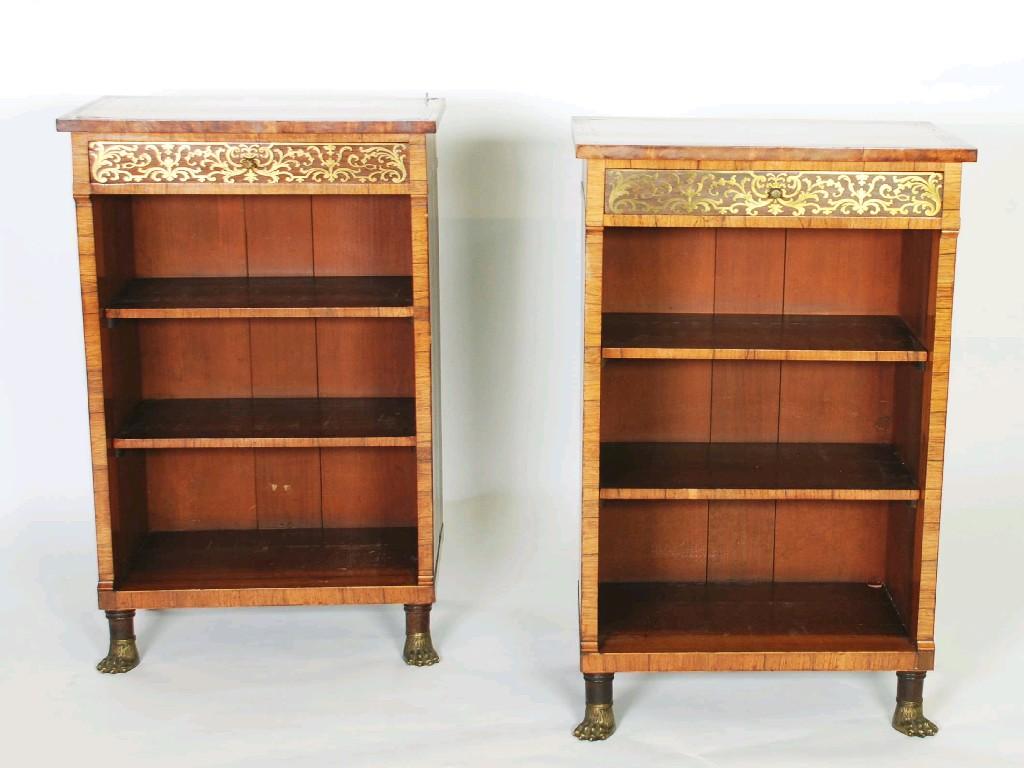 Appraisal: PAIR OF REGENCY ROSEWOOD AND BRASS MARQUETRY AND LINE INLAID