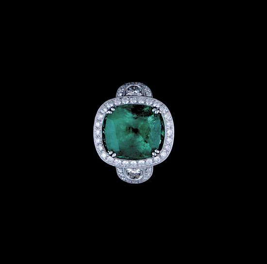 Appraisal: Emerald and gold ring cushion-cut emerald ct surrounded by round