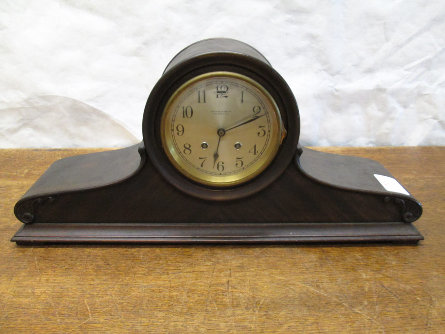 Appraisal: A MAHOGANY CASED TAMBOUR MANTEL CLOCK Chelsea Clock Co Boston