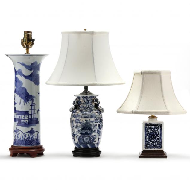 Appraisal: THREE CHINESE BLUE AND WHITE PORCELAIN TABLE LAMPS th century