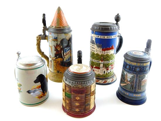 Appraisal: Four Mettlach steins and one other height measured at thumb