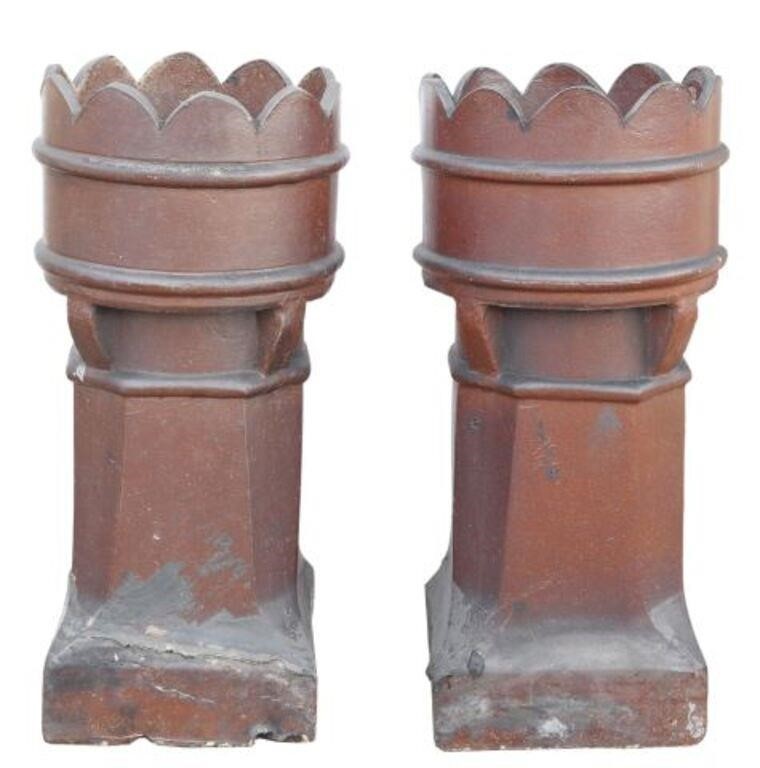 Appraisal: ENGLISH ARCHITECTURAL TURRET-FORM CHIMNEY POTS pair English architectural earthenware chimney