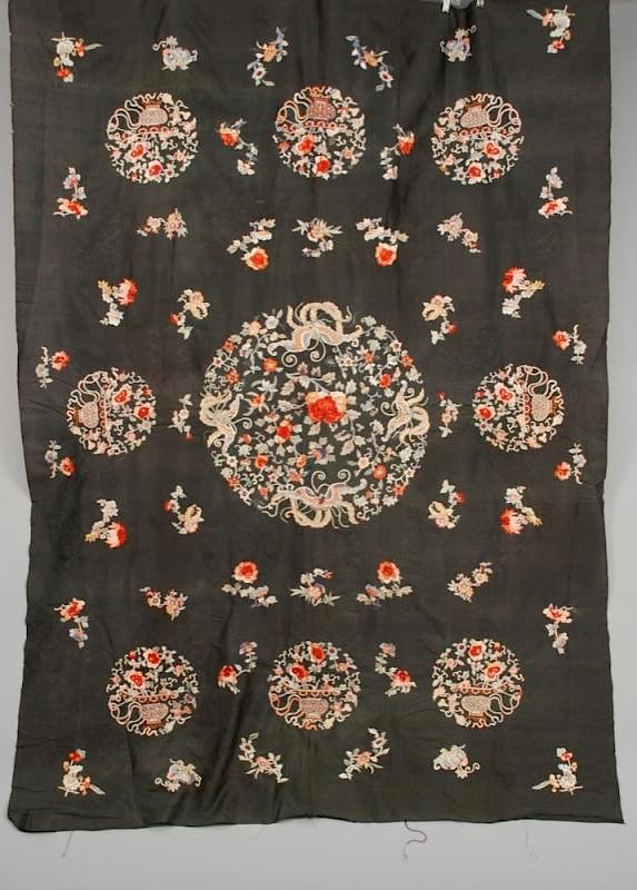 Appraisal: CHINESE SILK EMBROIDERED PANEL EARLY th C Black damask having