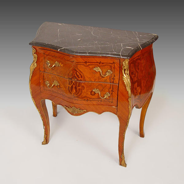 Appraisal: FRENCH STYLE MARBLE TOP MARQUETRY INLAY STAND Bombay form with