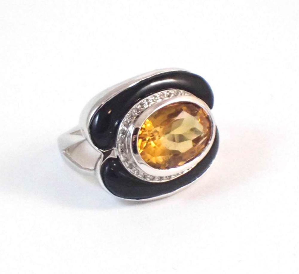 Appraisal: CITRINE DIAMOND BLACK ONYX AND FOURTEEN KARAT WHITE GOLD COCKTAIL