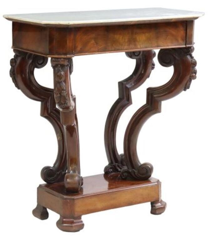 Appraisal: Petite French marble-top mahogany console table th c single frieze