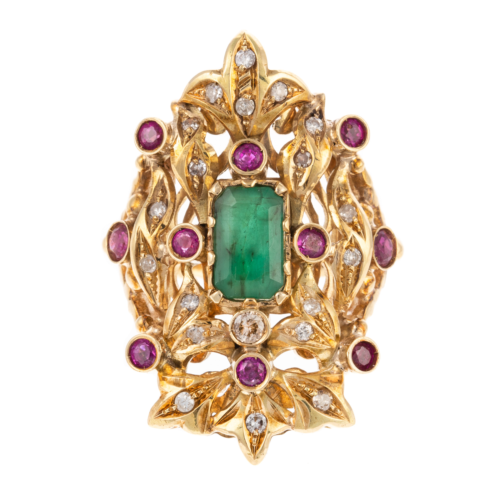 Appraisal: AN ORNATE EMERALD RUBY DIAMOND RING IN K K yellow