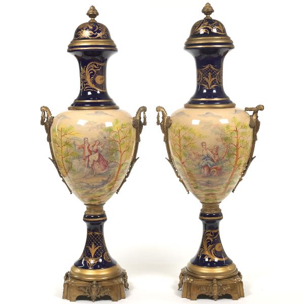 Appraisal: PAIR OF MONUMENTAL SEVRES STYLE URNS x Monumental urns comprised