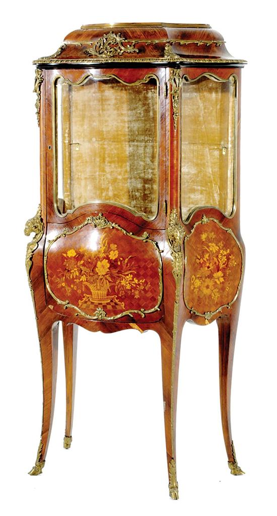 Appraisal: Louis XV style parquetry and marquetry bombe vitrine en pente