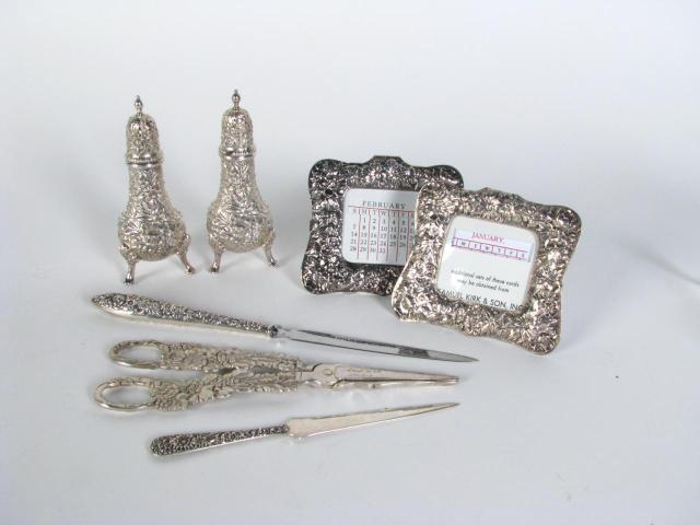 Appraisal: Kirk Repousse Sterling accessories including pair of salt and pepper