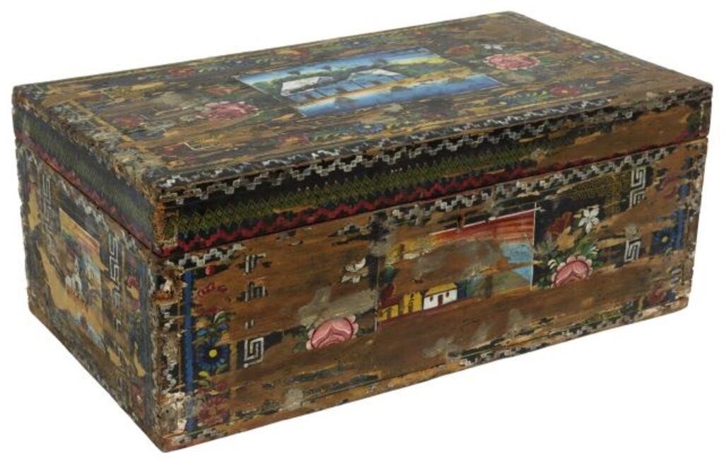 Appraisal: Hand-painted maque lacquer wood chest trunk Olinala Guerrero Mexico dovetailed