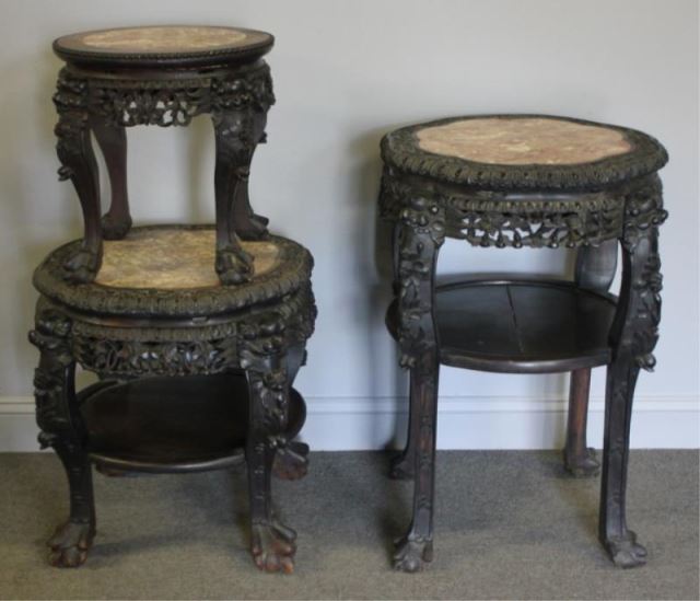 Appraisal: Highly Carved Chinese Hardwood Tables withMarble Inserts Large and of